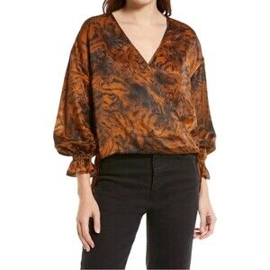NWT AllSaints Penny Grizedale Cat Print Silk Blouse Copper Black Size 0 | XS NEW